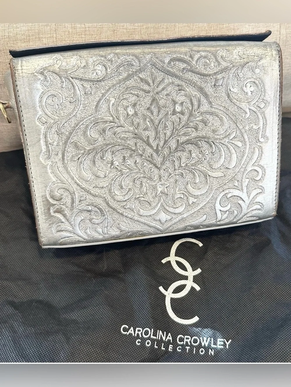 Carolina Crowley Chiseled Tooled Leather Silver Clutch Purse
